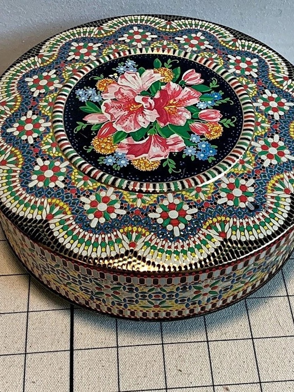 Vintage Daher Decorated Tin 8.5” Round Embossed Mosaic Floral - made in England